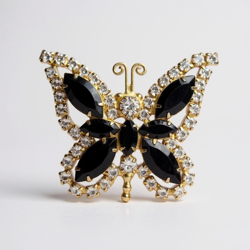 Juliana Vintage Black Clear Rhinestone Gold Tone Butterfly Brooch Pin